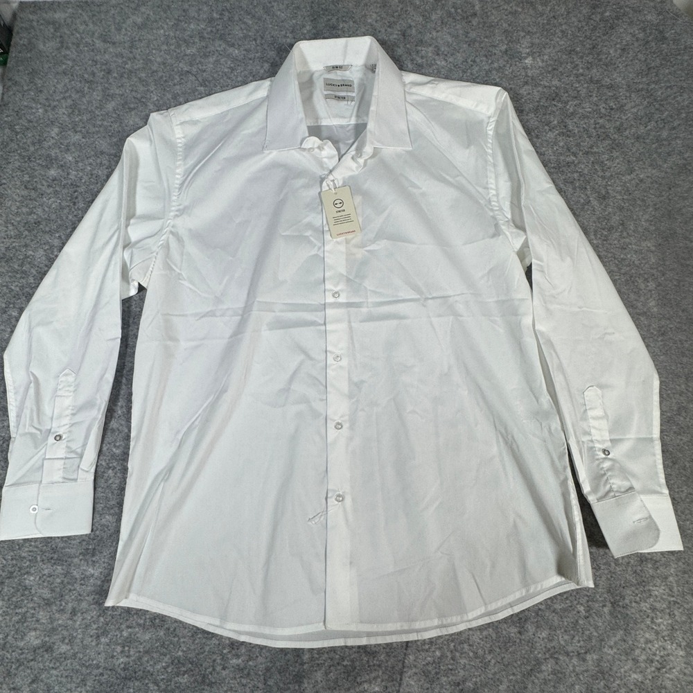 Lucky Brand Mens White Slim Fit Stretch Wrinkle Resistant Dress Shirt XL 17/17.5